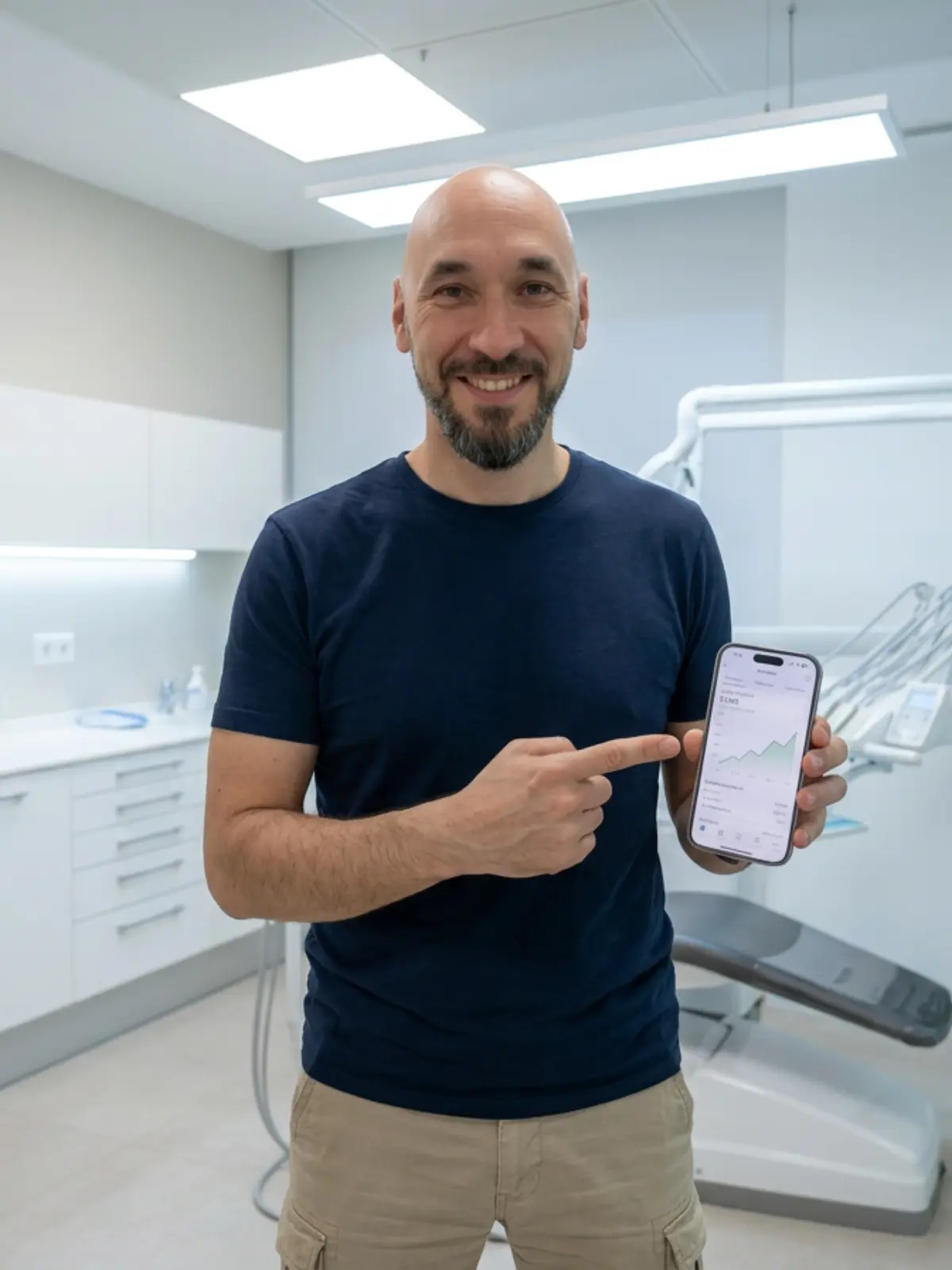 Javier Luján, consultor SEO local, en una clínica dental mostrando resultados de Google Search Console en el móvil
